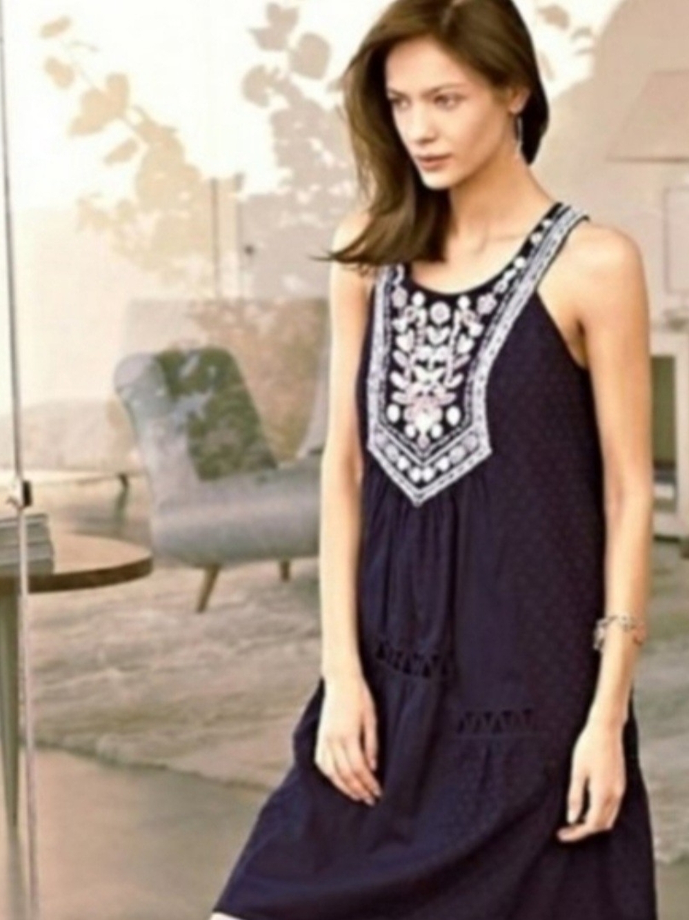 {Maeve} Anthropologie Tisa Embroidered Navy Swing Dress Size 4